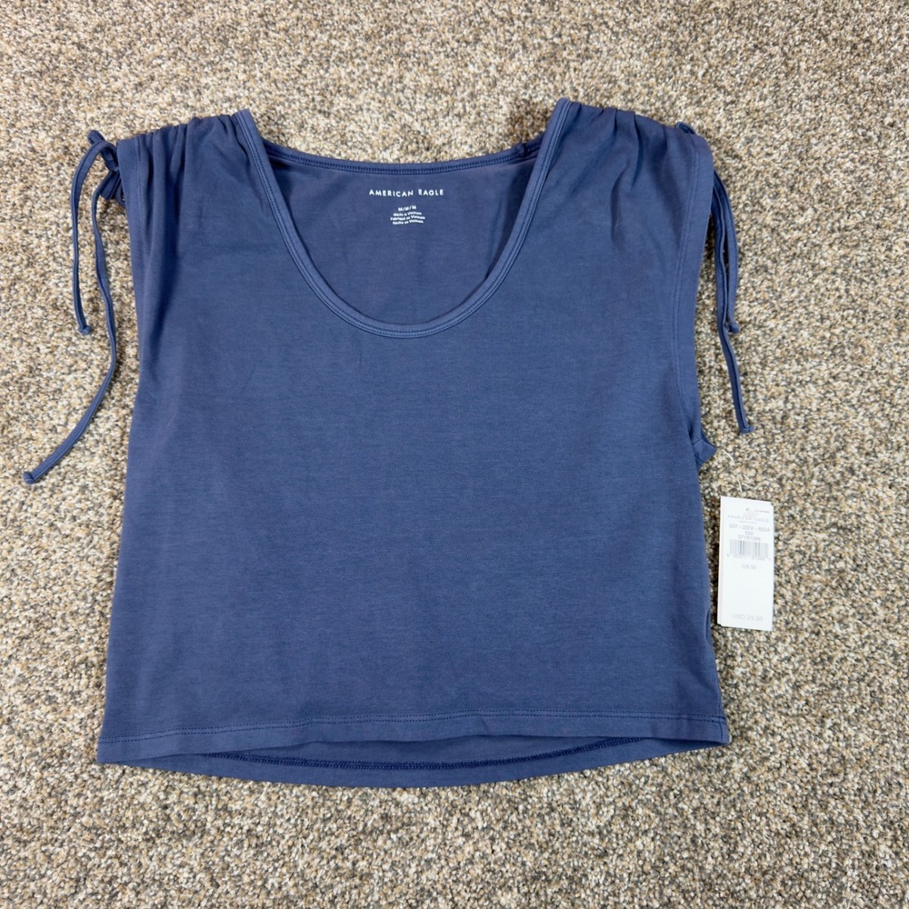 American Eagle Blue Cinched Shoulder Tie Sleeveless Crop Top Medium NWT